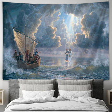 Fishermen Walking With Jesus Tapestry Prints - Christian Wall Art - Christian Home Decor
