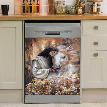 Flower Garden Jesus Hugging A Horse Dishwasher Cover, Bible Verse Dishwasher Magnet Cover, Christian Inspirational Kitchen Decor