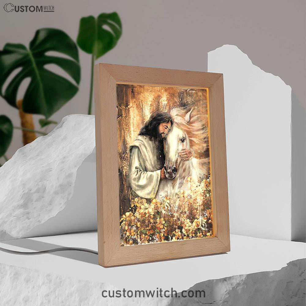 Flower Garden Jesus Hugging A Horse Frame Lamp Art - Bible Verse Art - Christian Inspirational Decor
