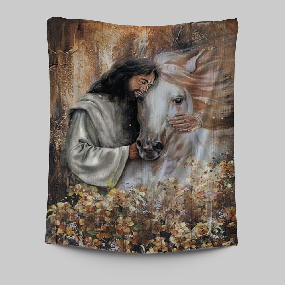 Flower Garden Jesus Hugging A Horse Tapestry Art - Bible Verse Wall Art - Christian Inspirational Wall Decor