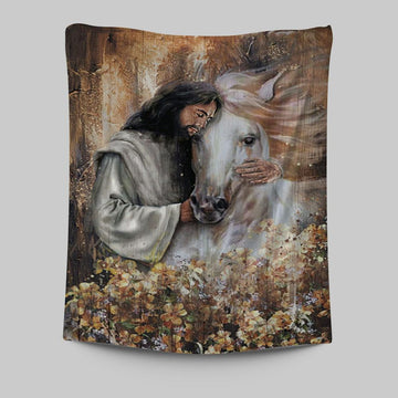 Flower Garden Jesus Hugging A Horse Tapestry Art - Bible Verse Wall Art - Christian Inspirational Wall Decor