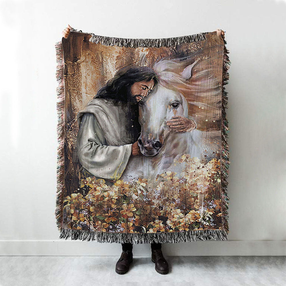 Flower Garden Jesus Hugging A Horse Woven Blanket Art - Bible Verse Throw Blanket - Christian Inspirational Boho Blanket