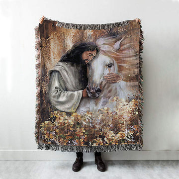 Flower Garden Jesus Hugging A Horse Woven Blanket Art - Bible Verse Throw Blanket - Christian Inspirational Boho Blanket