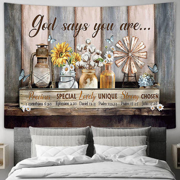 Flower Glass Bottle God Says You Are Large Tapestry - Christian Wall Art - Bible Verse Tapestry Art