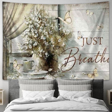 Flower Vase By The Window Vintage Painting Just Breathe Jesus Tapestry, Tapestries for Living Room Bedroom