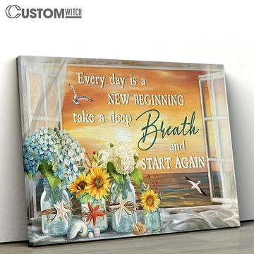 Flower Vase, Pretty Sunset, Seagull, Every Day Is A New Beginning Canvas Poster