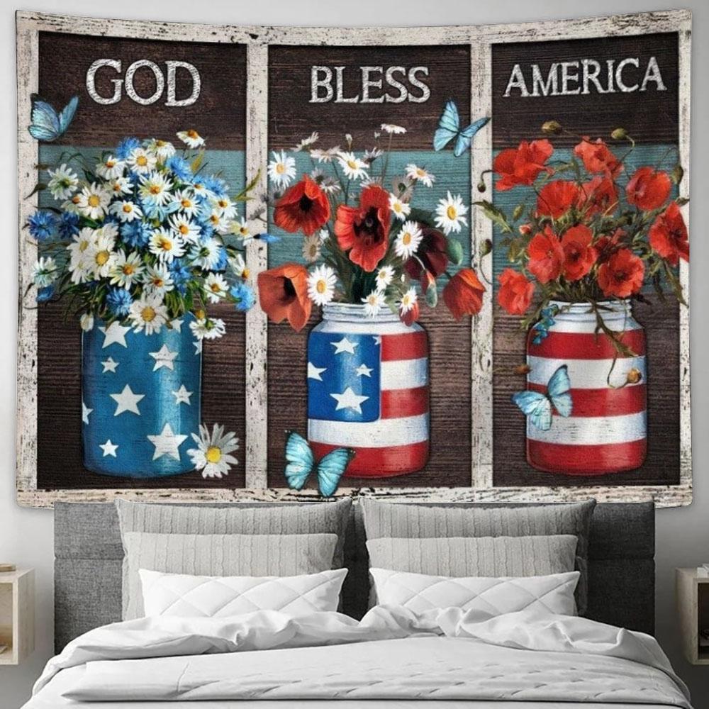 Flower Vases God Bless America Tapestry, Tapestries for Living Room Bedroom