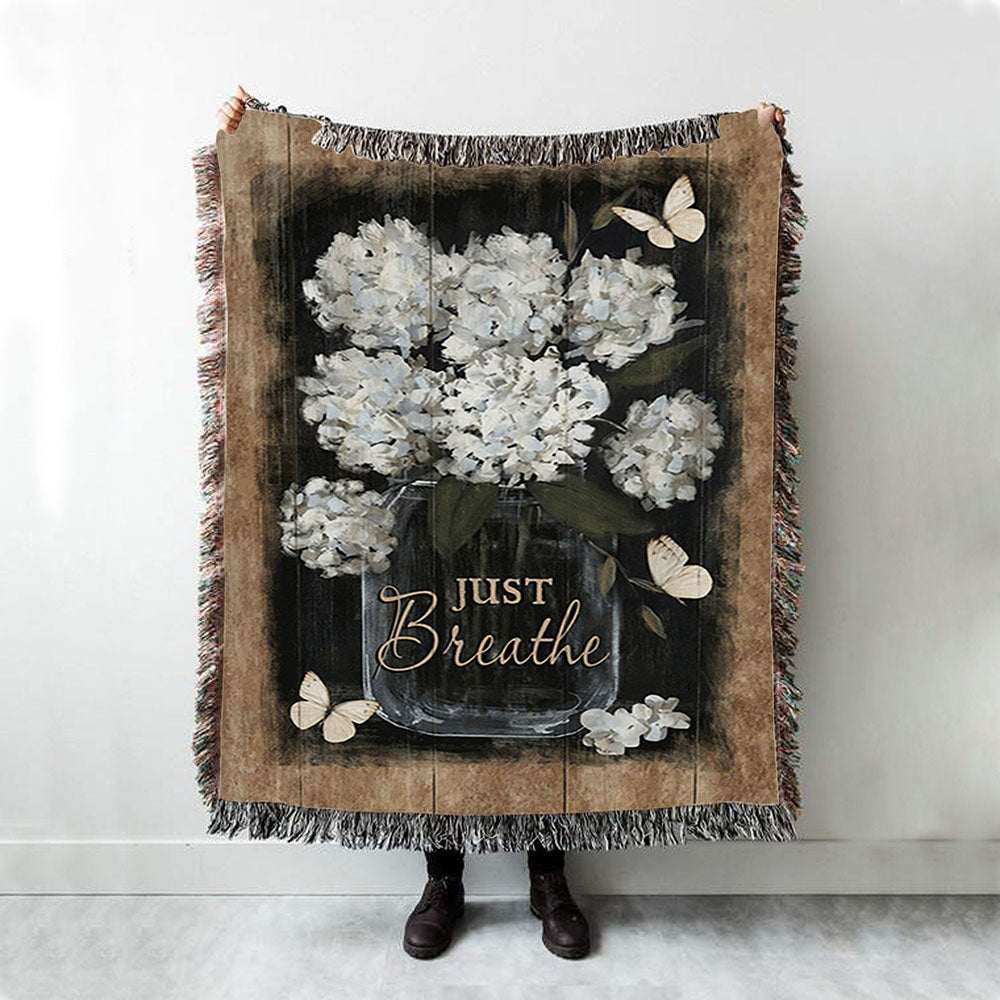 Flower White Butterfly Vintage Painting - Just Breathe Woven Throw Blanket - Christian Woven Blanket Prints - Bible Verse Woven Blanket Art