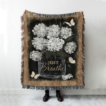 Flower White Butterfly Vintage Painting - Just Breathe Woven Throw Blanket - Christian Woven Blanket Prints - Bible Verse Woven Blanket Art