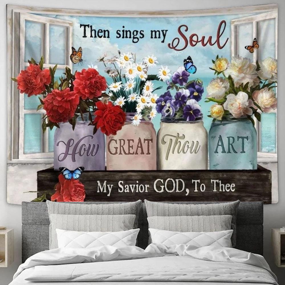Flowers Window Frame Then Sings My Soul My Savior God To Thee Tapestry, Tapestries for Living Room Bedroom
