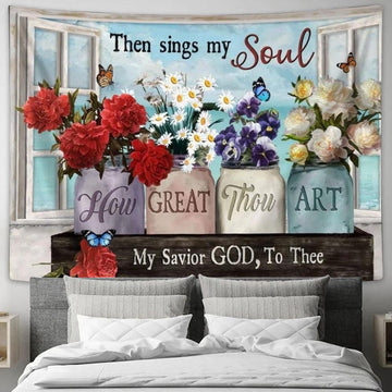 Flowers Window Frame Then Sings My Soul My Savior God To Thee Tapestry, Tapestries for Living Room Bedroom