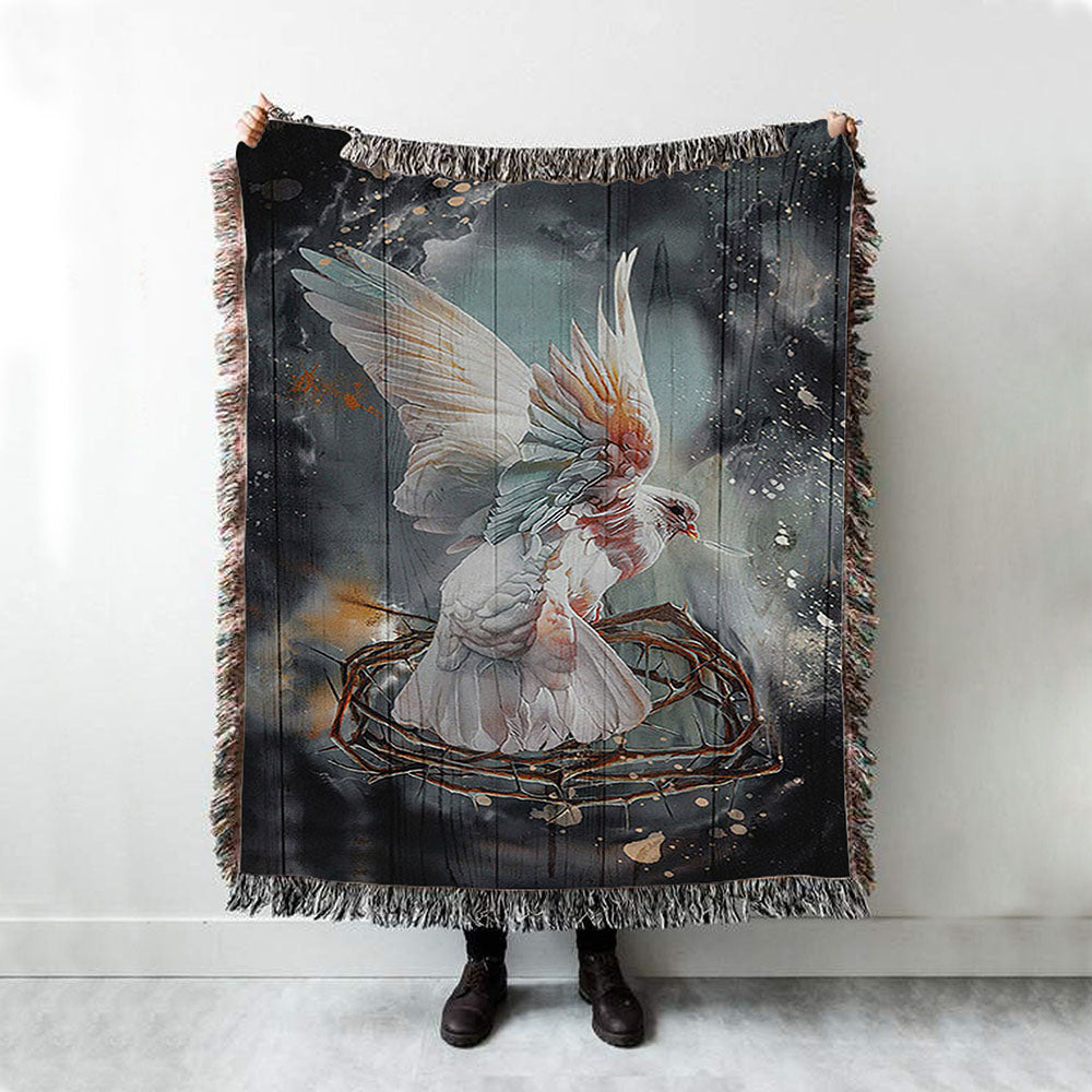 Flying Dove Crown Of Thorn Storm Background Woven Blanket Art - Bible Verse Throw Blanket - Christian Inspirational Boho Blanket