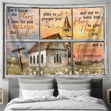 For I Know The Plans I Have For You White Church Dadelion Butterflies Large Tapestry Art - Christian Wall Art Home Decor - Religious Tapestry Prints