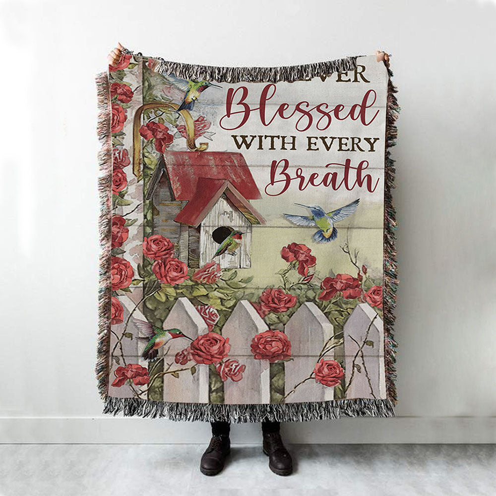 Forever Blessed With Every Breath Red Rose Garden Hummingbird Woven Throw Blanket - Christian Throw Blanket Decor - Religious Woven Blanket Prints