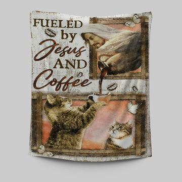 Fueled By Jesus And Coffee Cat Tapestry Wall Art - Christian Wall Art Decor - Religious Tapestries Wall Hanging Prints