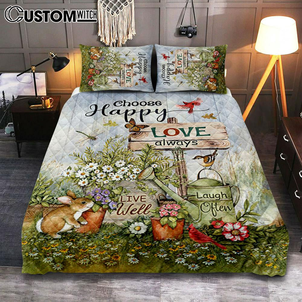 Garden Cute Rabbit Daisy Vase Quilt Bedding Set- Choose Happy Love Always Quilt Bedding Set Bedroom - Christian Quilt Bedding Set Prints