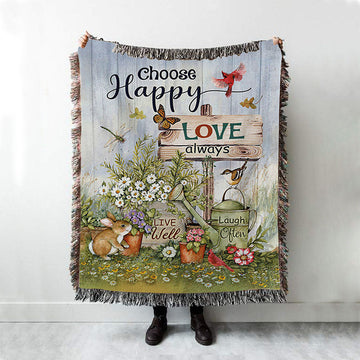 Garden Cute Rabbit Daisy Vase Woven Blanket- Choose Happy Love Always Woven Throw Blanket - Christian Woven Blanket Prints