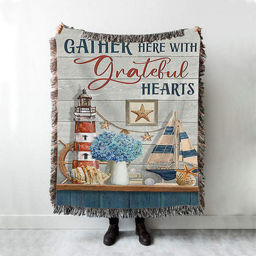 Gather Here With Grateful Hearts Lighthouse Woven Blanket Art - Bible Verse Throw Blanket - Christian Inspirational Boho Blanket