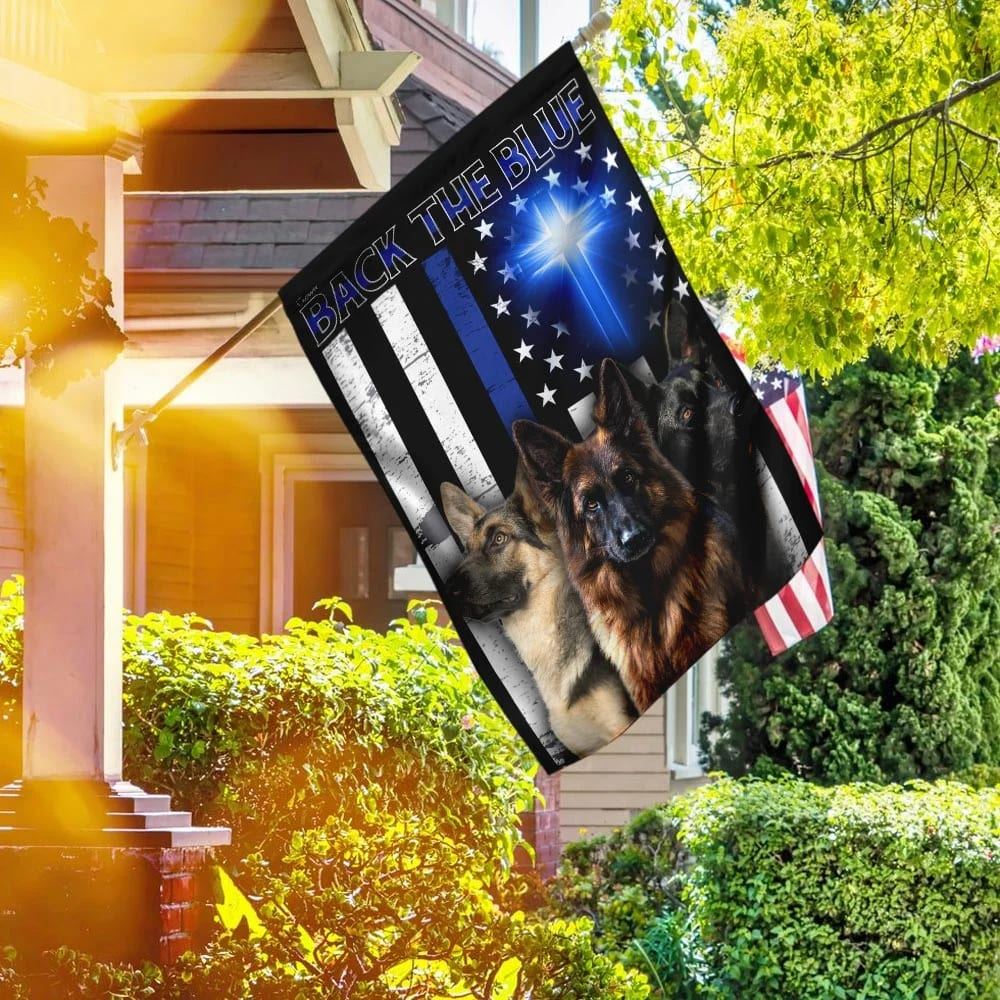 German Shepherd Back The Blue Christian Cross House Flags, Christian Flag, Scripture Flag, Garden Banner