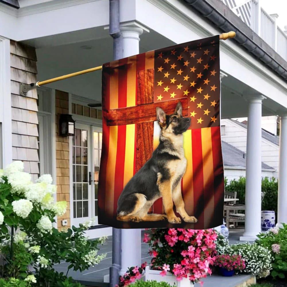 German Shepherd Jesus Cross American US House Flags, Christian Flag, Scripture Flag, Garden Banner