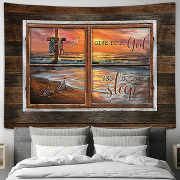 Give It To God And Go To Sleep Beach Pretty Sunset Sea Turtle Tapestry Wall Art - Bible Verse Tapestry - Religious Tapestry Wall Hanging