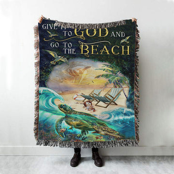 Give It To God And Go To The Beach Jesus Hand Turtle Summer Woven Throw Blanket - Christian Throw Blanket Decor - Religious Woven Blanket Prints