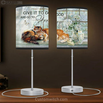 Give It To God White Hydrangea Sleeping Cat Table Lamp Prints - Religious Table Lamp Art - Christian Home Decor
