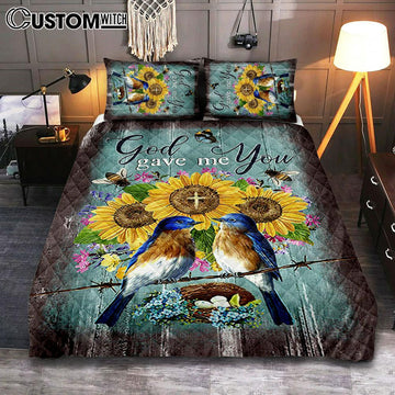 God Gave Me You Bird Nest Sunflower Butterfly Quilt Bedding Set Art - Bible Verse Bedroom