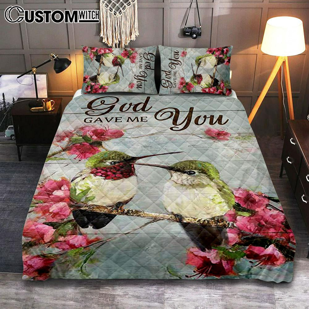 God Gave Me You Pink Flower Hummingbird Quilt Bedding Set Art - Bible Verse Bedroom