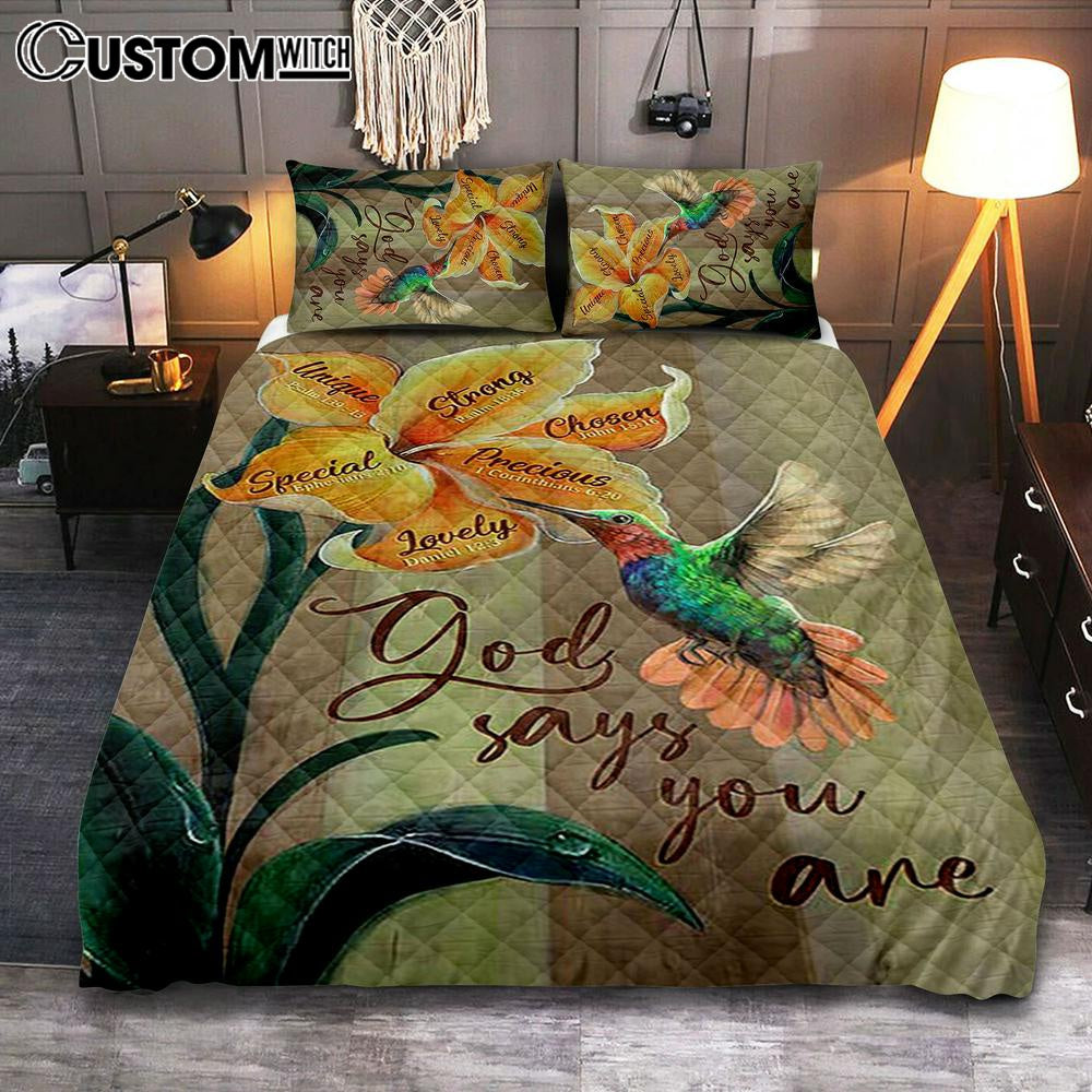 God Says You Are Unique Yellow Lily Hummingbird Quilt Bedding Set Art - Bible Verse Bedroom