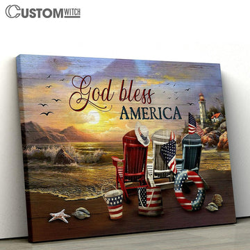 God Bless America Beach Chair American Flag Canvas Wall Art - Bible Verse Canvas - Religious Prints