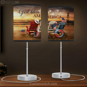 God Bless America Beach Chairs American Flag Firework Sunset Beach Table Lamp Gift - Bible Verse Table Lamp - Religious Bedroom Decor