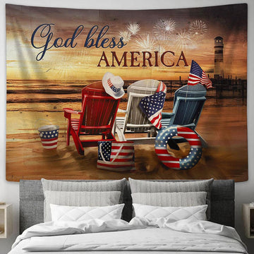 God Bless America Beach Chairs American Flag Firework Sunset Beach Tapestry Wall Art - Bible Verse Tapestry - Religious Tapestry Wall Hanging