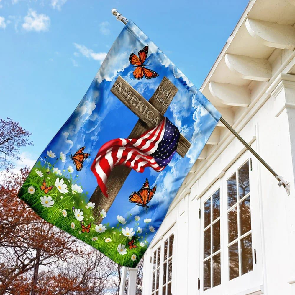 God Bless America Christian Cross US House Flags, Christian Flag, Scripture Flag, Garden Banner