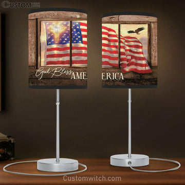 God Bless America Us Flag Cross Table Lamp Prints - Religious Table Lamp Art - Christian Home Decor