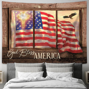 God Bless America Us Flag Cross Tapestry Prints - Religious Tapestry Art - Christian Home Decor