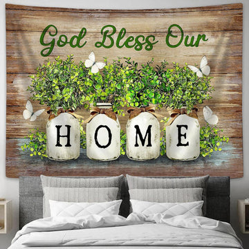 God Bless Our Home Baby Rubber Plant Vase White Butterfly Tapestry Wall Art - Bible Verse Tapestry - Religious Tapestry Wall Hanging