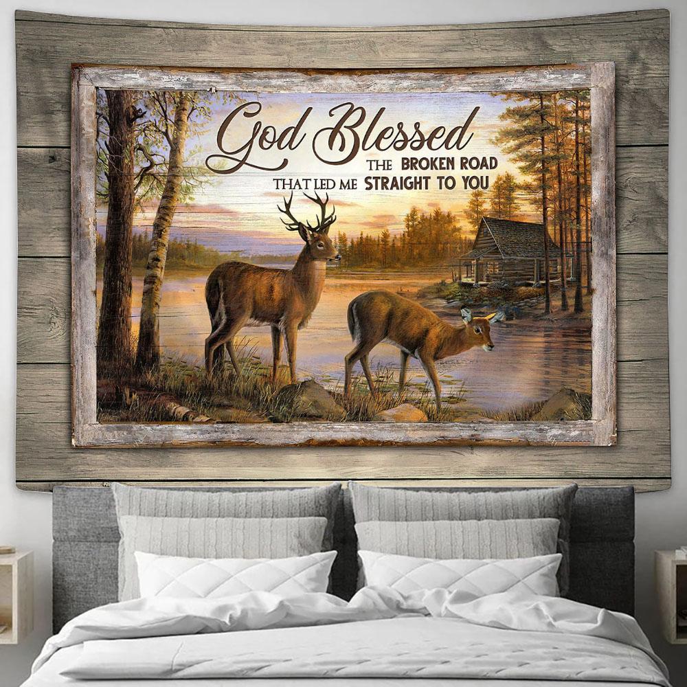 God Blessed The Broken Road Brown Deer Tapestry Prints - Religious Tapestry Art - Christian Home Decor