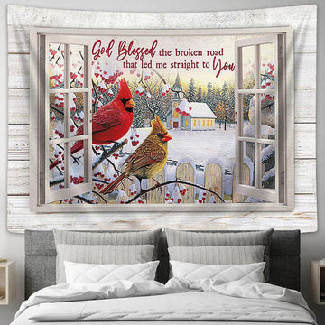 God Blessed The Broken Road Cardinal Tapestry Wall Art - Bible Verse Tapestry - Religious Tapestry Wall Hanging