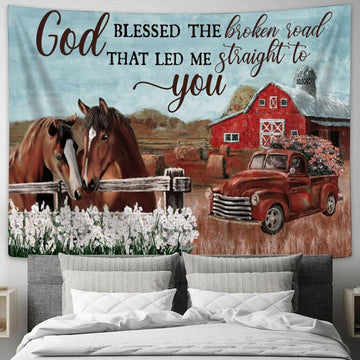 God Blessed The Broken Road Horses White Flower Field Ladybug Car Tapestry Prints - Christian Wall Art - Religious Home Decor