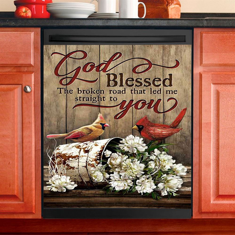 God Blessed The Broken Road Lovely Cardinal Dishwasher Cover, Bible Verse Dishwasher Stickers, Christian Inspirational Kitchen Decor