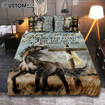 God Blessed The Broken Road That Led Me Straight To You Quilt Bedding Set - Horse Cross Butterflies Quilt Bedding Set Bedroom - Christian Bedroom Decor
