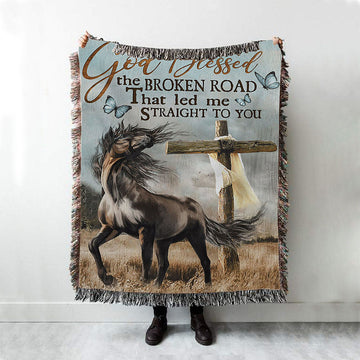 God Blessed The Broken Road That Led Me Straight To You Woven Blanket - Horse Cross Butterflies Woven Throw Blanket - Christian Throw Blanket Decor