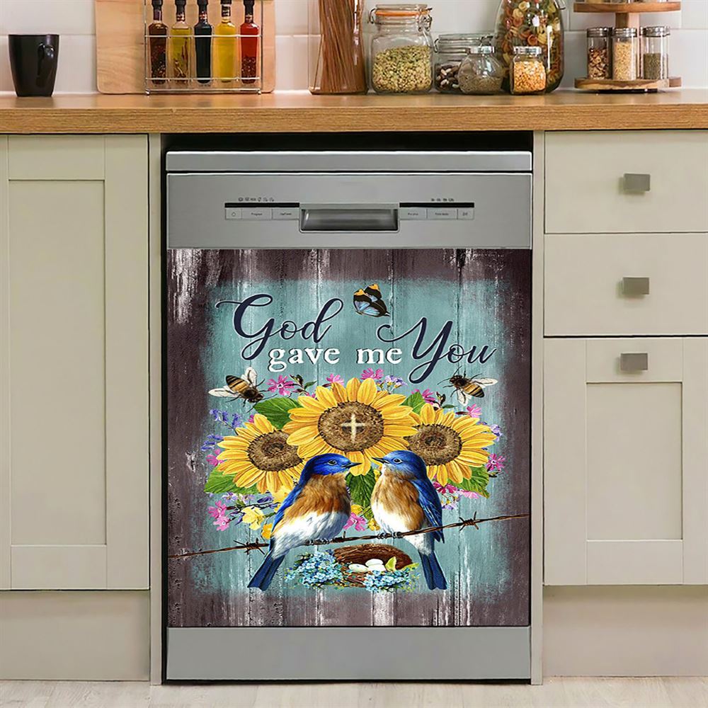 God Gave Me You Bird Nest Sunflower Butterfly Dishwasher Cover, Bible Verse Dishwasher Stickers, Christian Inspirational Kitchen Decor