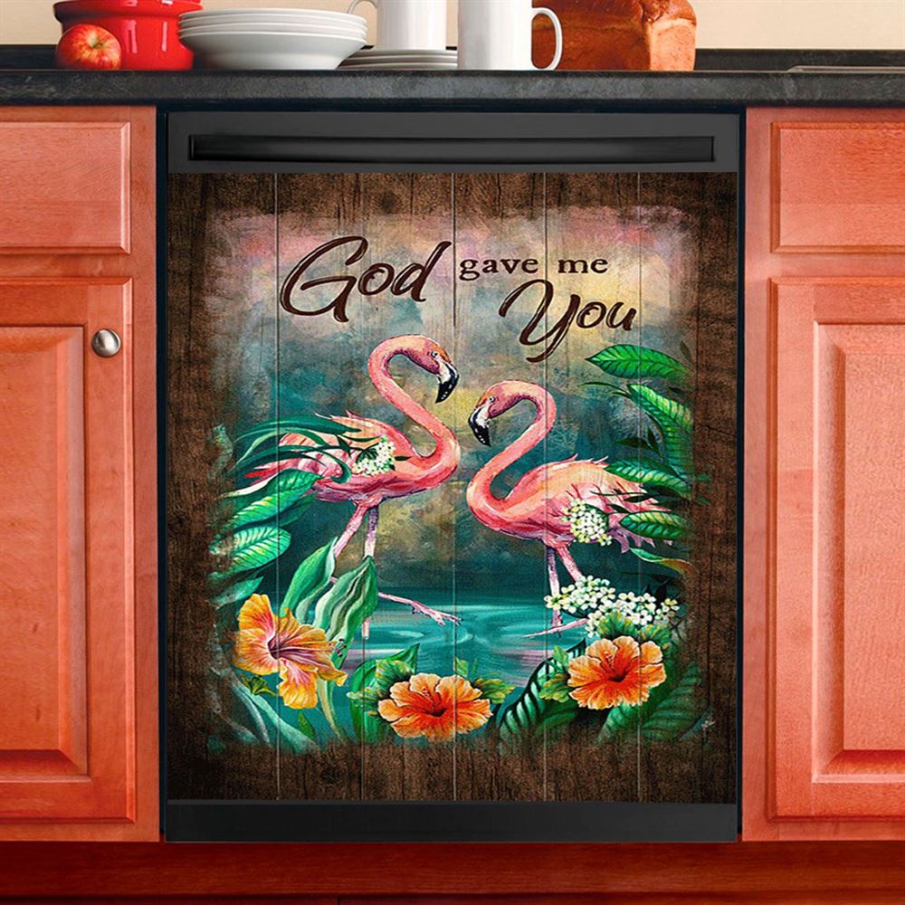 God Gave Me You Flamingo Hibiscus Dishwasher Cover, Bible Verse Dishwasher Stickers, Christian Inspirational Kitchen Decor