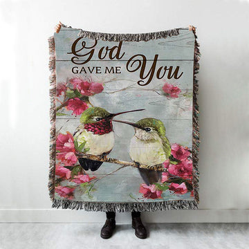 God Gave Me You Pink Flower Hummingbird Woven Blanket Art - Bible Verse Throw Blanket - Christian Inspirational Boho Blanket
