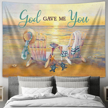 God Gave Me You Wooden Chair Couple Sea Turtle Tapestry Wall Art - Bible Verse Tapestry - Religious Tapestry Wall Hanging