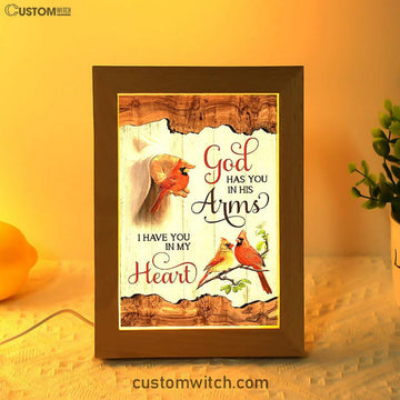 God Has You In His Arms Frame Lamp - Jesus Hand Red Cardinal Frame Lamp - Christian Art - Religious Home Decor