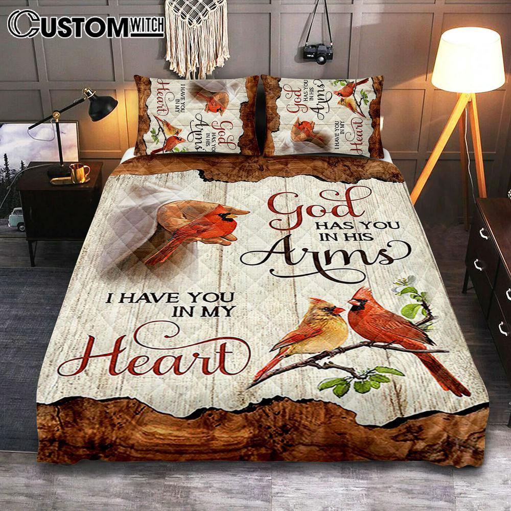 God Has You In His Arms Quilt Bedding Set - Jesus Hand Red Cardinal Quilt Bedding Set - Christian Bedroom - Religious Home Decor