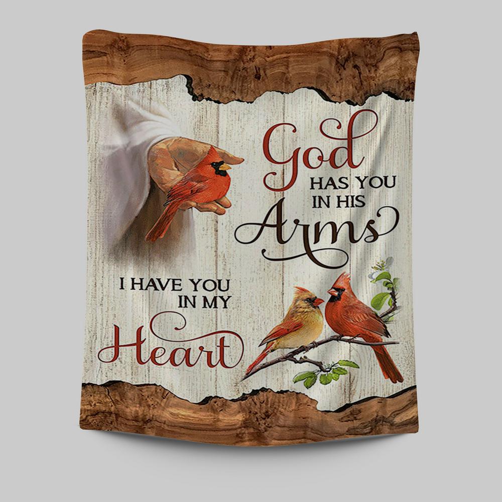 God Has You In His Arms Tapestry - Jesus Hand Red Cardinal Tapestry - Christian Wall Art - Religious Home Decor